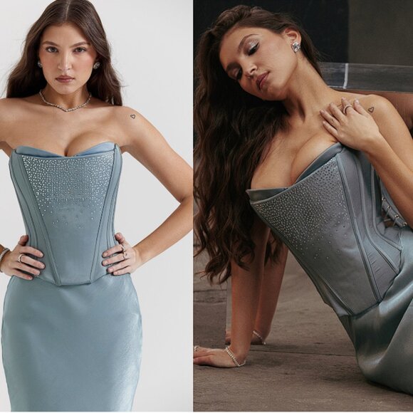 House of CB 'Nastassia' Cool Blue Embellished Satin Corset NWOT - Picture 4 of 10